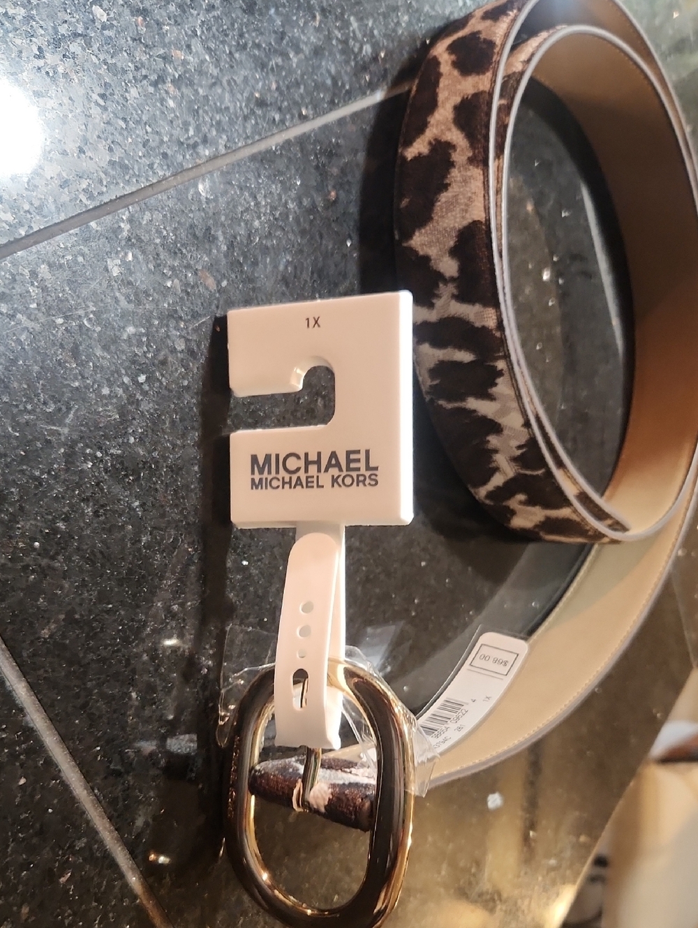 Michael Michael Kors Men’s Brown Animal Print Leather Belt with Gold Buckle